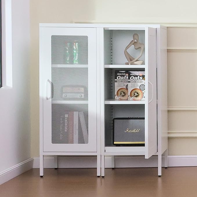 Slim Metal Storage Cabinet with Mesh Doors - 42'' Tall Narrow Organizer Tower, Compact Freestanding Cabinet, Versatile Utility Storage for Home, Office, Kitchen, Living Room, Durable and Modern Design