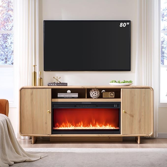 IFGET 70" Fluted Fireplace TV Stand for 80 Inch TV, Modern Entertainment Center w/36'' Electric Fireplace, Wood Media Console w/Curved Profile Design and Adjustable Shelves for Living Room,Natural Oak