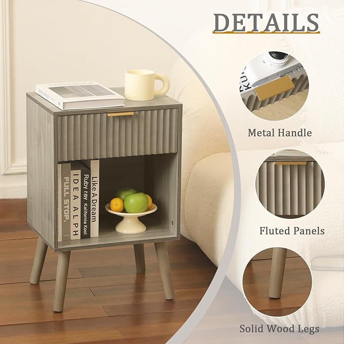Fultyle Grey Wood Nightstand with Charging Station, Modern Bedside Table with Fluted Drawers and Storage Shelf, End Side Tables Living Room for Bedroom, Office (Grey)