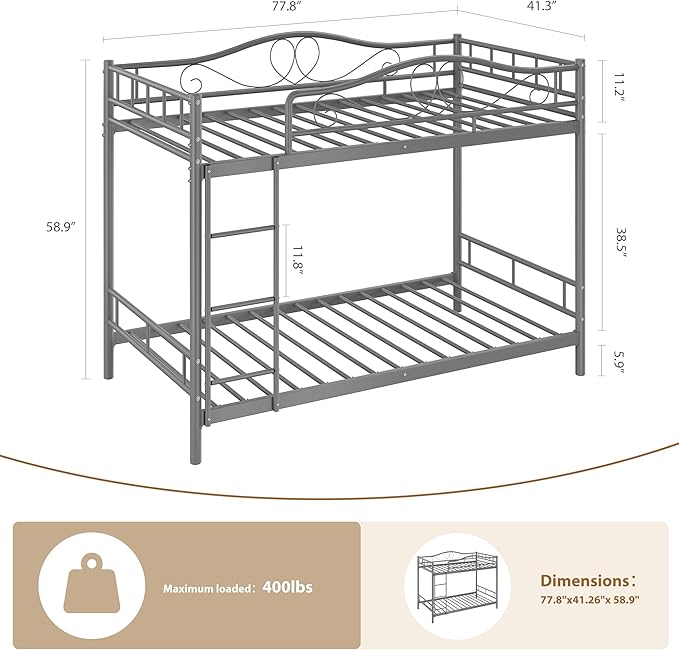 IDEALHOUSE Bunk Bed Twin Over Twin with Ladder & Full Safety Guardrail, Heavy Duty Metal Twin Over Twin Bunk Bed 400 Lbs Capacity, Space-Saving, Noise Free, No Box Spring Needed, Easy Assembly, Grey