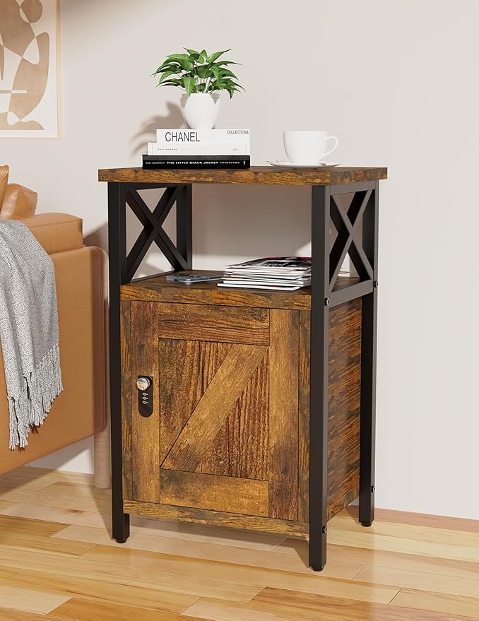 runjuly Night Stand with Locking Drawer, Bedside Table with Drawers, Wooden Bed Side Table with Storage Cabinet, Nightstand with Door, End Night Table for Bedroom, Dorm, Office, Rustic Brown