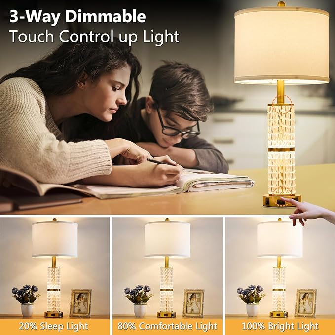 SAIWEYA Crystal Table Lamps Modern 3-Way Dimmable Bedside Lamp with 2 USB Ports & AC Outlets for Living Room Bedroom Nightstand Lamp Night Light