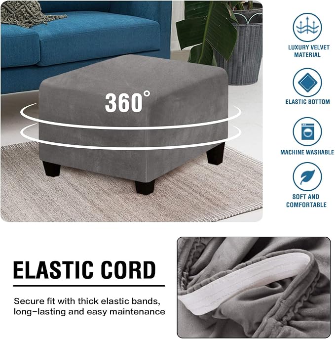 H.VERSAILTEX Square Ottoman Covers Ottoman Slipcover Square Footstool Protector Covers Storage Stool Ottoman Covers Stretch with Elastic Bottom, Feature Real Velvet Plush Fabric, Gray