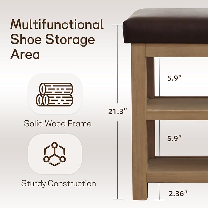 Zihanhome Shoe Rack Bench with Leather Cushion, 2 Tier Solid Wood Storage Bench, Mid-Century Modern Shoe Bench for Entryway, Hallway, Closet, Front Door Entrance, Foyer (Dark Brown, 31.5)