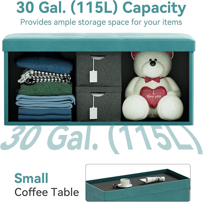 BRIAN & DANY Folding Storage Ottoman Bench, Ottoman with Storage, Foot Rest, Benches Seat for Bedroom, Living Room, Entryway, Long Shoes Bench, 15.7" x 31.5" x 15.7" Teal