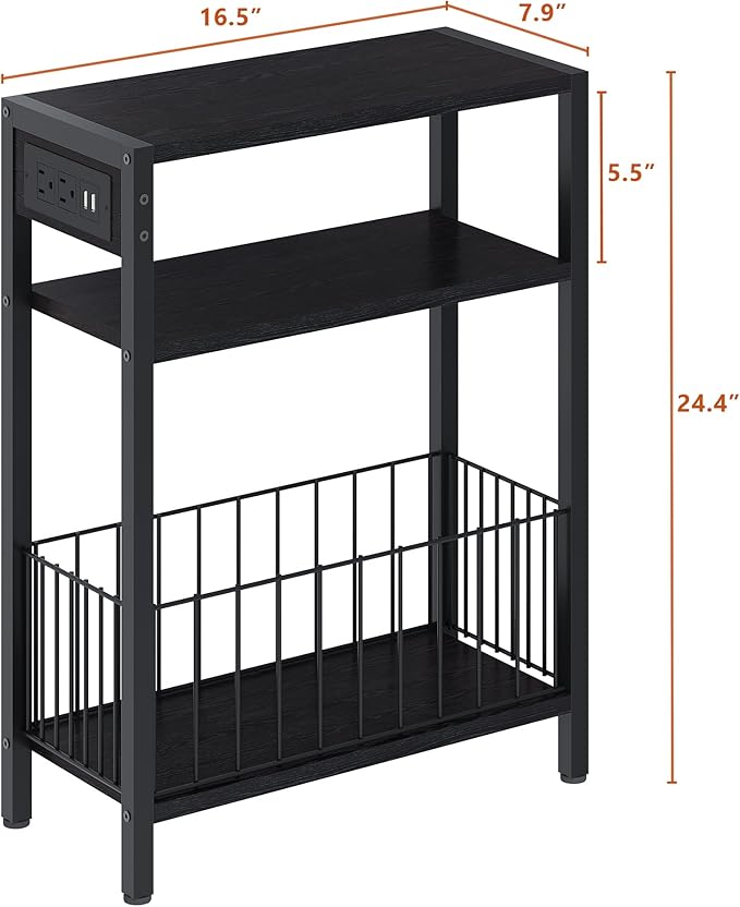 TRIFEBLE Narrow Side Table with Charging Station, Small End Table for Small Spaces, Slim Nightstand with Storage Basket, 3 Tier Skinny Bedside Table for Living Room, Bedroom, Black