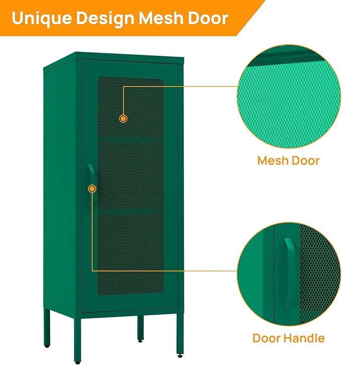 Slim Metal Storage Cabinet with Mesh Doors - 42'' Tall Narrow Organizer Tower, Compact Freestanding Cabinet, Versatile Utility Storage for Home, Office, Kitchen, Living Room, Durable and Modern Design