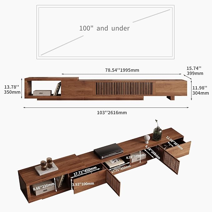 78.5"-105" Mid-Century Modern Extendable TV Stand, Walnut Media Console with 2 Drawers and 2 Cabinets, Fits TVs up to 100 Inches for Living Room or Bedroom