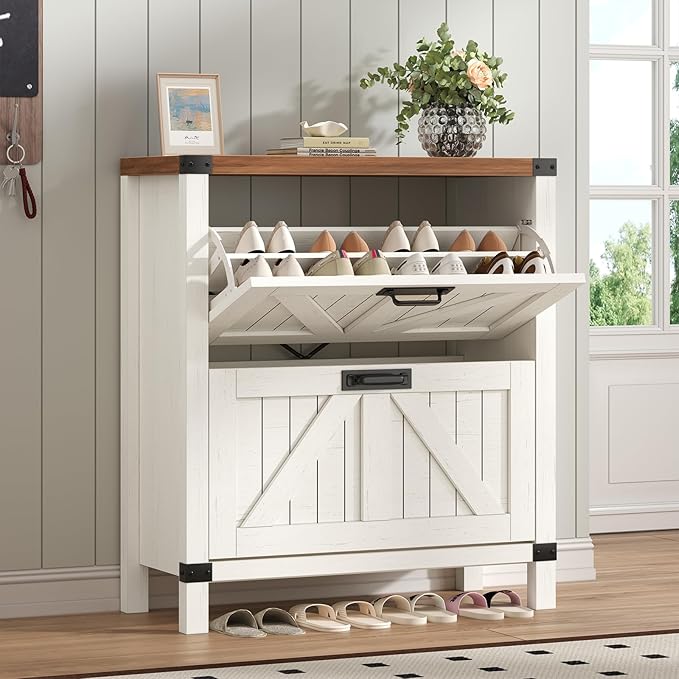 YOMILUVE Shoe Cabinet with 2 Flip Drawers, Farmhouse Shoe Storage Cabinet for Entryway, Slim Shoe Rack Freestanding Shoe Organizer with Barn Door, Brown and White