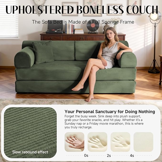 78.8" Convertible Sofa Bed with Detachable Arm Pillow, 6-in-1 Sectional Couches for Living Room, Corduroy Boneless Couch, Sleeper Loveseat Couch Bed, No Assembly, Grayish Green Couch