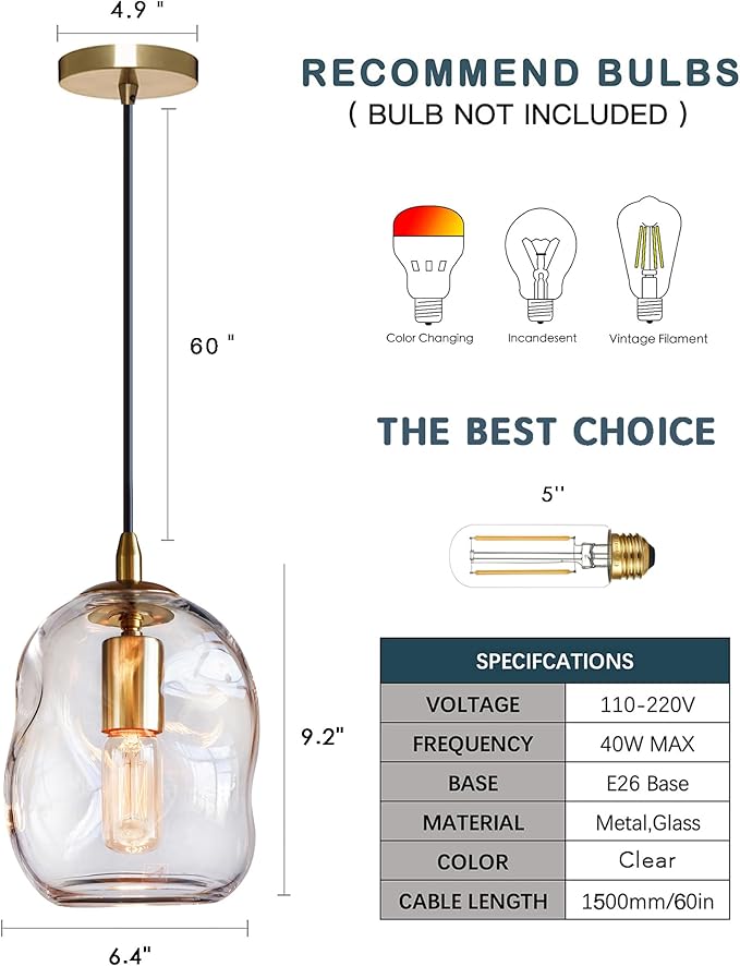 CASAMOTION Glass Pendant Light Gold and Clear Organic Globe Ceiling Hanging Fixtures Modern Industrial Ambient Lighting Over Kitchen Island Sink Bar Counter Porch Small Medium Lamp 8 Inch H