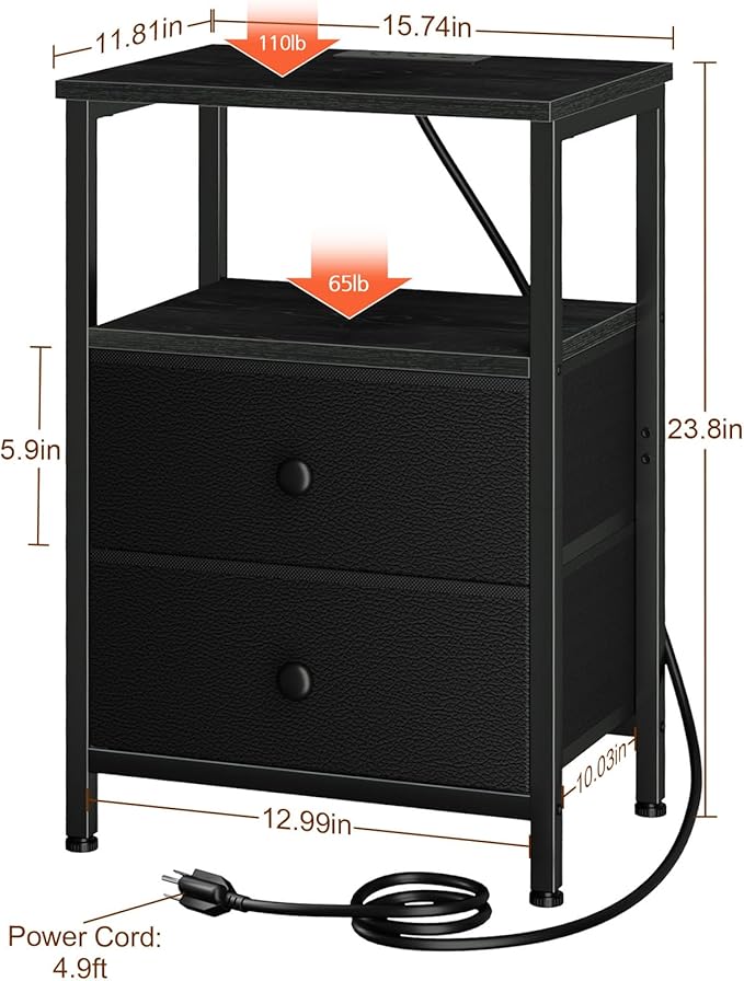 LOAKEKEL Night Stand, Nightstand with Charging Station, Slim Industrial Bedside Table with 2 Fabric Drawers, Small End Table with USB & Type-C Ports for Bedroom, Black, HETS020BK-1