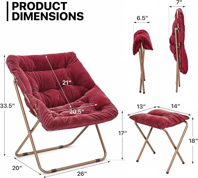 MoNiBloom Square Folding Faux Fur Saucer Chair for Bedroom Living Room Dorm Foldable Metal Frame Oversized Large Comfy Furry Padded Soft Cozy Moon Chair with Footrest Ottoman for Adults (Burgundy)
