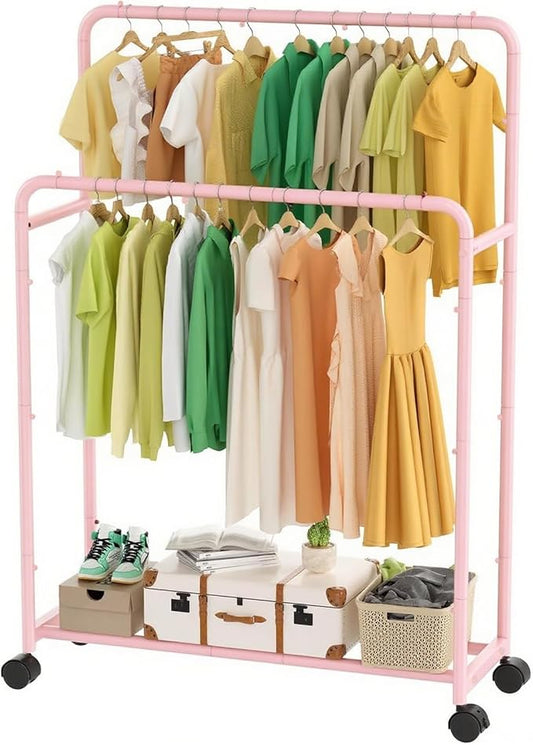 Simple Trending Clothing Clothes Rack Double Rods with Wheels, Rolling Metal Garment Rack for Hanging, Pink