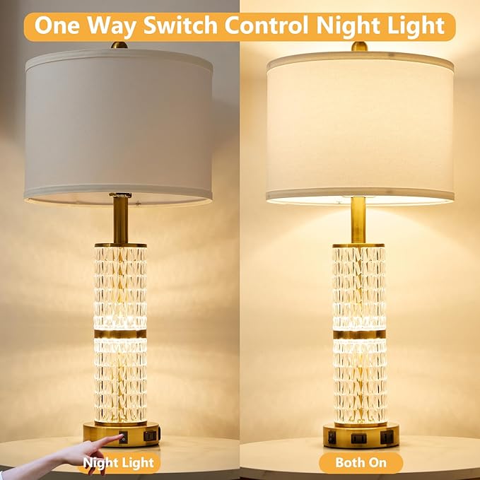 SAIWEYA Crystal Table Lamps Modern 3-Way Dimmable Bedside Lamp with 2 USB Ports & AC Outlets for Living Room Bedroom Nightstand Lamp Night Light