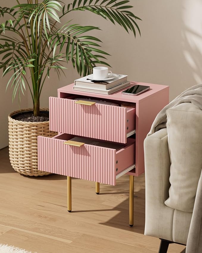 Aienvey Night Stand, Modern Nightstand with Drawers, Bedside Table, Gold Small Side Table for Bedroom, Living Room End Table (Pink Stripe, 2 Drawers)