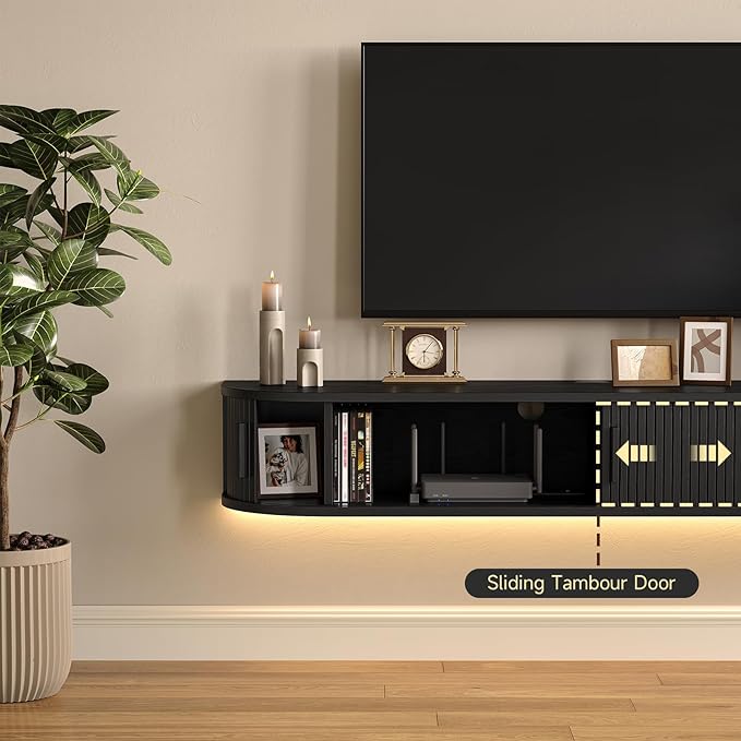 55" Floating TV Stand with Power Outlet for TVs up to 65", Fluted Entertainment Center with Remote Control for LED Lights, Mid-Century Modern TV Console w/Sliding Door for Living Room, Bedroom Black