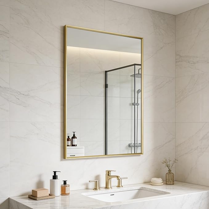 Bathroom Mirror for Wall, 36x24 Inch Metal Framed Mirror, Brushed Gold Rectangle Mirror, Bathroom Vanity Mirror Farmhouse, Tempered Glass, Anti-Rust, Hangs Horizontally or Vertically