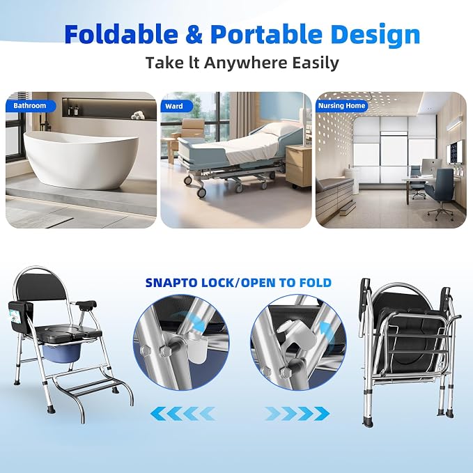 Folding Bedside Commode Chair for Elderly with Adjustable Height, Toilet Seat with Footrest and Soft PU Seat Cushion, Adults Potty Chair with Storage Cloth Bag for Seniors, Disabled (Black)