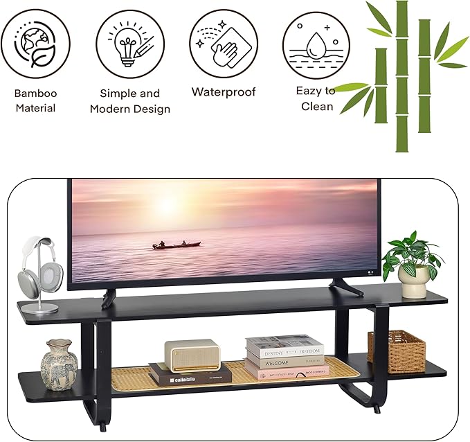 Bamboo TV Stand for TVs up to 65", Accent Entertainment Center with Storage, Media Console Table with Shelf, Modern TV Stand for Living Room, Bedroom, 54.3"(L), Black