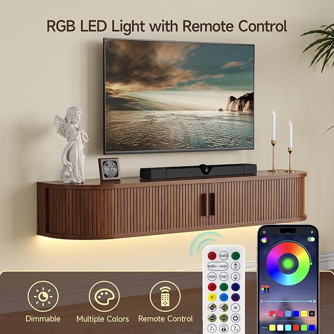 55" Floating TV Stand with Power Outlet for TVs up to 65", Fluted Entertainment Center with Remote Control for LED Lights, Mid-Century Modern TV Console w/Sliding Door for Living Room, Bedroom Walnut