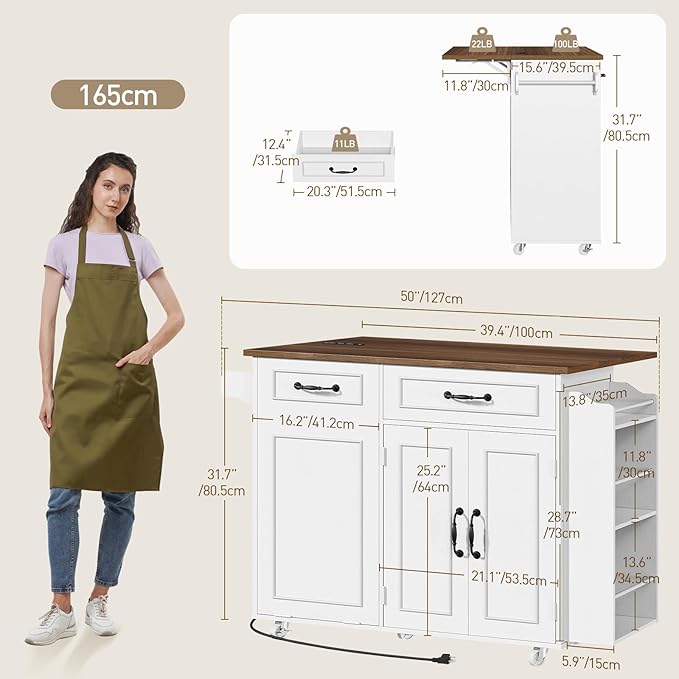 RALGEND Kitchen Island with Power Outlet & Drop Leaf, Mobile Rolling Cart with Trash Can Storage, 3-Tier Spice Rack, Island Table for Kitchen, Dining Room, White and Walnut