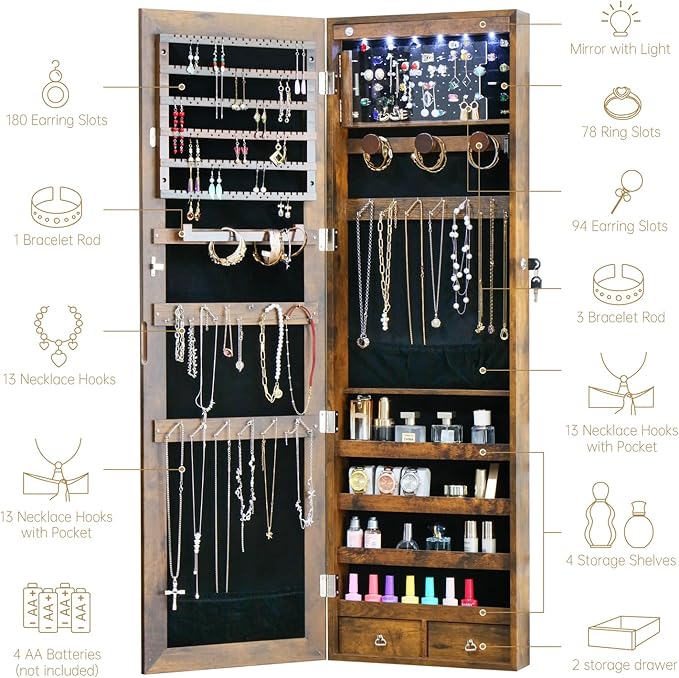 LED Jewelry Cabinet with Mirror - 47.3" Mirror Jewelry Armoire Door Hanging/Wall Mounted Mirror with Storage And Drawers Rustic Brown