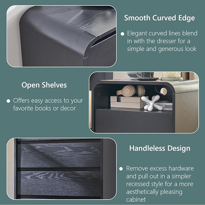 Aitjunz 25" Tall Modern Nightstand with Charging Station, 23.6'' Wide Wood Bedside Table w/2 Storage Drawers, Large Mid Century End Table for Bedroom, Living Room, Curved Profile Design, Black