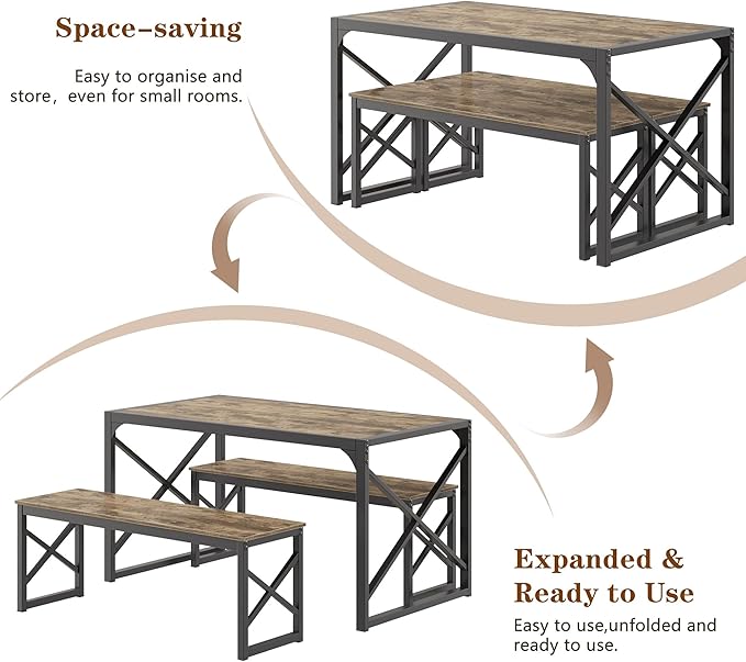 VECELO 55” Kitchen Dining Table Set for 4, Heavy-Duty Steel Frame & Wood-Grain Tabletop, Space-Saving Dinette Sets with 2 Benches for Breakfast Nook and Small Space, Grey