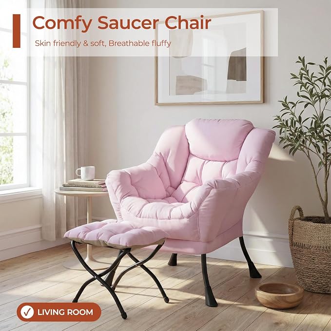 TLSUNNY Lazy Chair with Foldable Ottoman, Modern Comfy Lounge Chair, Large Sofa Armchair with Footrest and a Side Pocket, Reading Chair with Footstool for Bedroom, Living Room, Dorm (Pink)