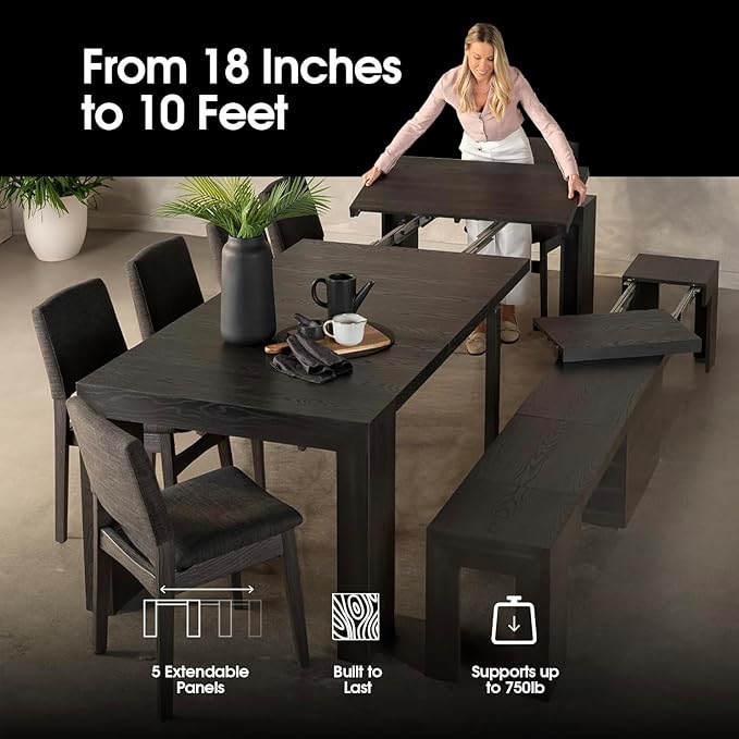 Transformer Table - Solid Wood Extendable Dining Table, Seats 2-12, Expandable Dining Room Table, Space-Saving Furniture, Kitchen and Dining Room Furniture (Black, Table + 2 Benches)