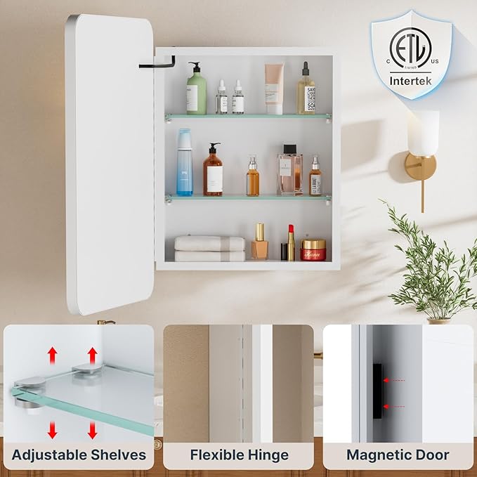 16x24 Inch Medicine Cabinet with Lights,Wall or Recessed Mounted LED Bathroom Mirror Cabinet, Defogger, Storage Shelf, 3 Color Dimmable Light with Memory Function, Left Hinge,White