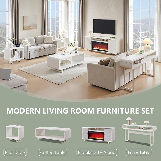 IFGET 70" Fluted Fireplace TV Stand for 80 Inch TV, Modern Entertainment Center w/36'' Electric Fireplace, Wood Media Console w/Curved Profile Design and Adjustable Shelves for Living Room, White