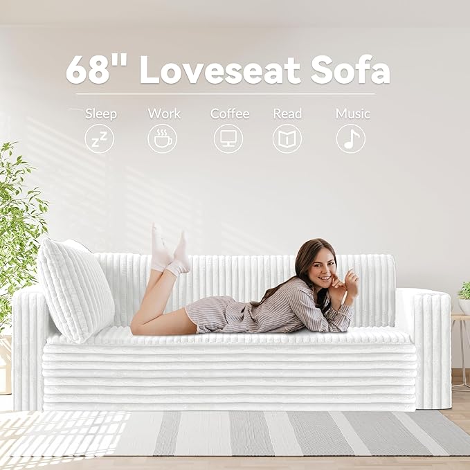 HABUTWAY 68" Loveseat Boneless Couch, 4-in-1 Convertible Sofa Bed, Plush Fur Folding Futon Sofa Bed Couches with 2 Pillows for Living Room, High-Density Foam Support, No Assembly Required, Beige