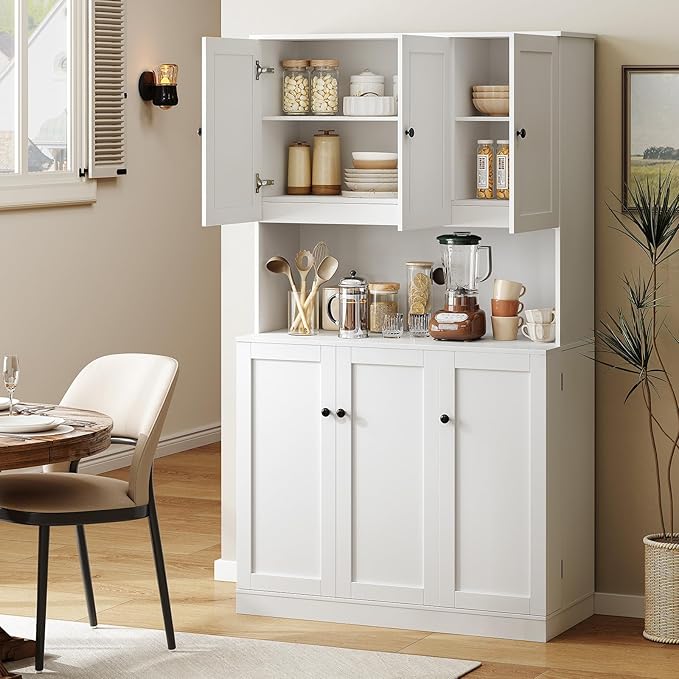 ONBRILL 71" Tall Kitchen Pantry Storage Cabinet with Microwave Stand & Door Shelf, Freestanding Kitchen Hutch with 6 Doors and Adjustable Shelves, Modern Food Pantry for Dining Room, White