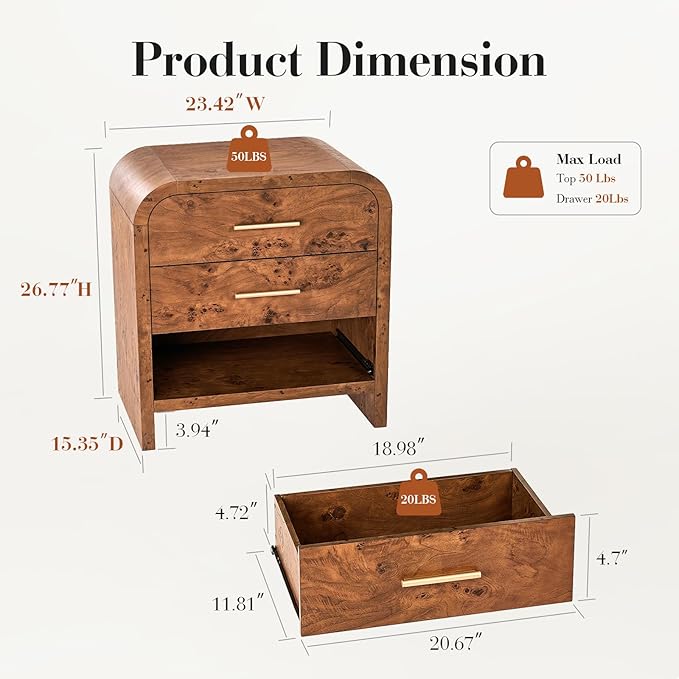 Farmhouse Nightstand, 23.5" Curved Modern Night Stand with 3-Drawer, Bedside Table, End Table for Bedroom, Storage Cabinet for Home Office Entryway, Dark Burl
