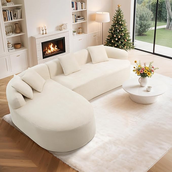 99" Curved Sectional Sofa with Chaise, Modern Boneless Couch with Deep Seat, L Shaped 3-Seater Cloud Couch for Living Room, No Assembly Needed, Chenille (Beige, Left Chaise+Right Sofa)