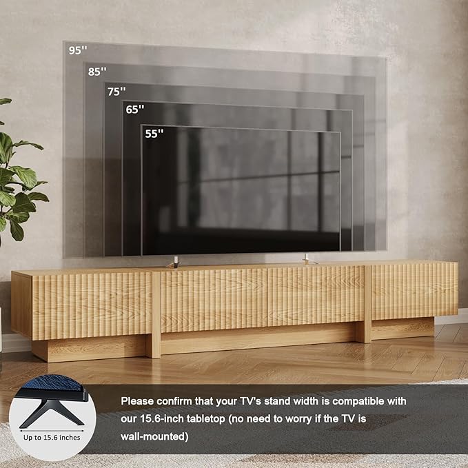 98” TV Stand for Living Room, Modern Entertainment Center with Drawers & Storage Compartments, Large TV Console Fits 55”-95” TVs, Square Top with Grooved Drawer Fronts & Stable Base,Natural