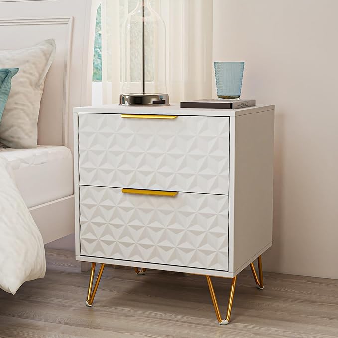 Modern Night Stand Set of 2, White Bedside Tables with 2 Drawers Storage for Bedroom, Wood End Side Table with Gold Legs for Living Room