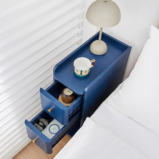 Blue Narrow Nightstand, Wooden Small 2 Drawer Nightstand, Slim Side End Table, Skinny Bedside Table, Mid Century Modern Night Stand with Drawers, for Living Room (Blue-1 pc)
