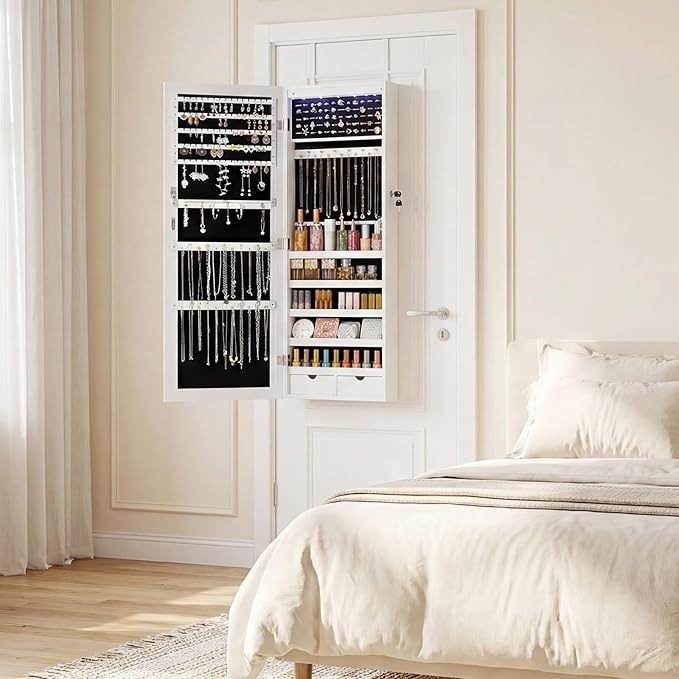 DUMOS 6 LEDs Mirror Jewelry Cabinet, Wall or Door Mounted Jewelry Organizer, 47.2-Inch Tall Lockable Large Capacity Cosmetic Storage, Gift Idea, White