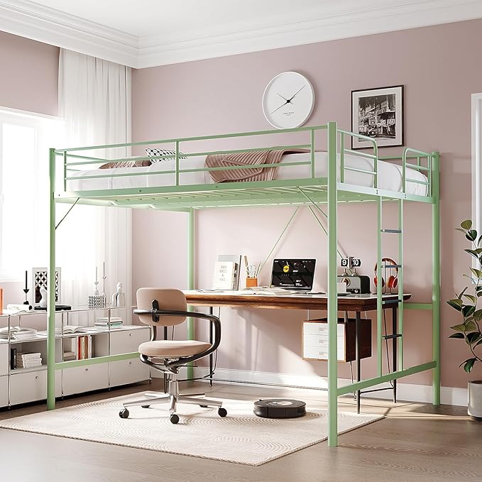 VINGLI Full Loft Bed with Flat Rungs for Adults, Kids and Young Teens, No Box Spring Required,Heavy Duty Metal Slat Support, Green