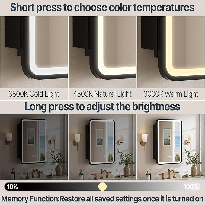 16x24 Inch Medicine Cabinet with Mirror, Recessed or Surface Mount Bathroom Medicine Cabinet with LED Lights, Anti-Fog, Memory Function, Adjustable Shelf, Dimmable Light, ETL Listed, Black,Left Hinge