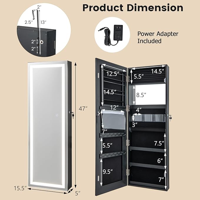 CHARMAID LED Mirror Jewelry Cabinet, 47.2'' Jewelry Armoire with Adjustable Lighted Full Length Mirror, Wall Mounted or Door Hanging, Lockable Jewelry Organizer Storage (Black, 47.2''H)