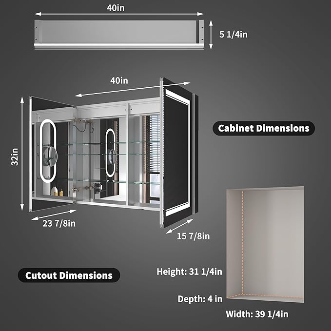 ExBrite 40 x 32 LED Lighted Medicine Cabinet with Mirror, Front & Backlit, Night Light, Clock & Temperature Display, Defog, 5X Magnifier, 3-Color Dimmable LED, Surface or Recessed Mount