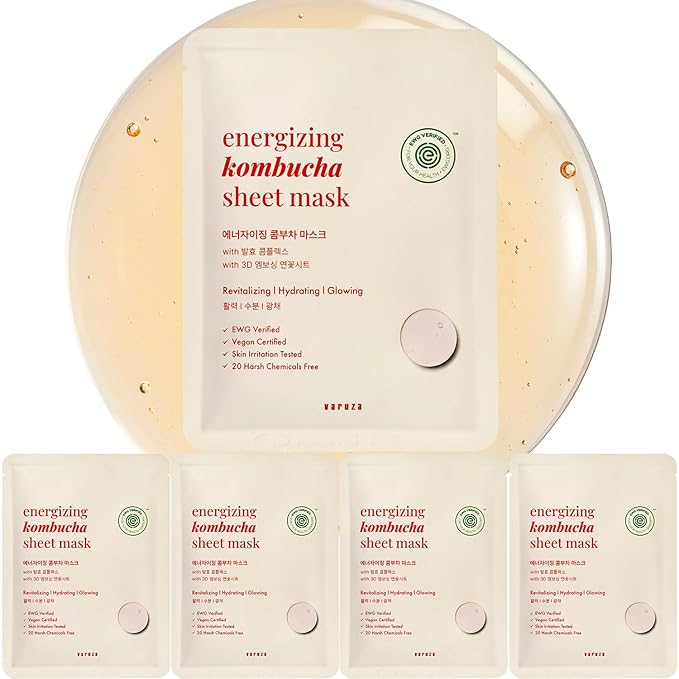 EWG Verified Kombucha Sheet Mask Lyocell 3D Snow Crystal Sheet Fermented Bifida 20 Harsh Chemicals Free Clean & Radiant Skin 5 Count