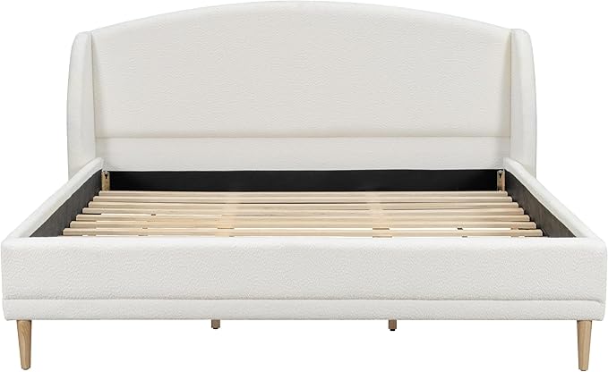 Hazel California King Size Bed Frame, Upholstered Platform Bed, Soft Boucle Headboard, Wood Bed Support and Slats, Curved-Shaped Headboard California King Bed, 43.90" H White