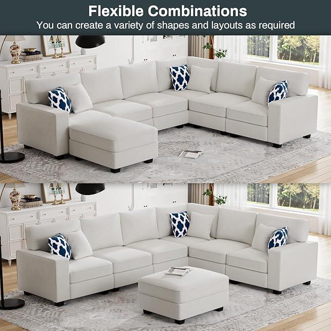 Legend Vansen Oversized Modular Sectional Sofa,U/L‑Shaped Reversible Couch with Ottoman,Deep Seat Plush Polyester Sofa for Living Room,7‑Seater,Cream