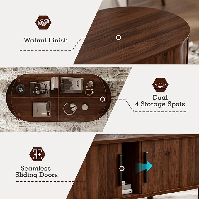 ZttRiee Coffee Table for Living Room, Modern Oval Coffee Table with Cabinets & Sliding Doors, Home Small Space, 47.2" Fluted Center Table, Walnut