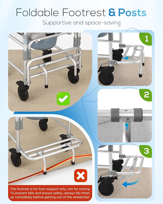 Shower Chair with 5" Enlarged Wheels, 330lbs Heavy Duty Bedside Commode Wheelchair, Folding Arms & Footrests, Lockable Casters, Sponge Padded Seat & Safety Straps, for Elderly and Mobility